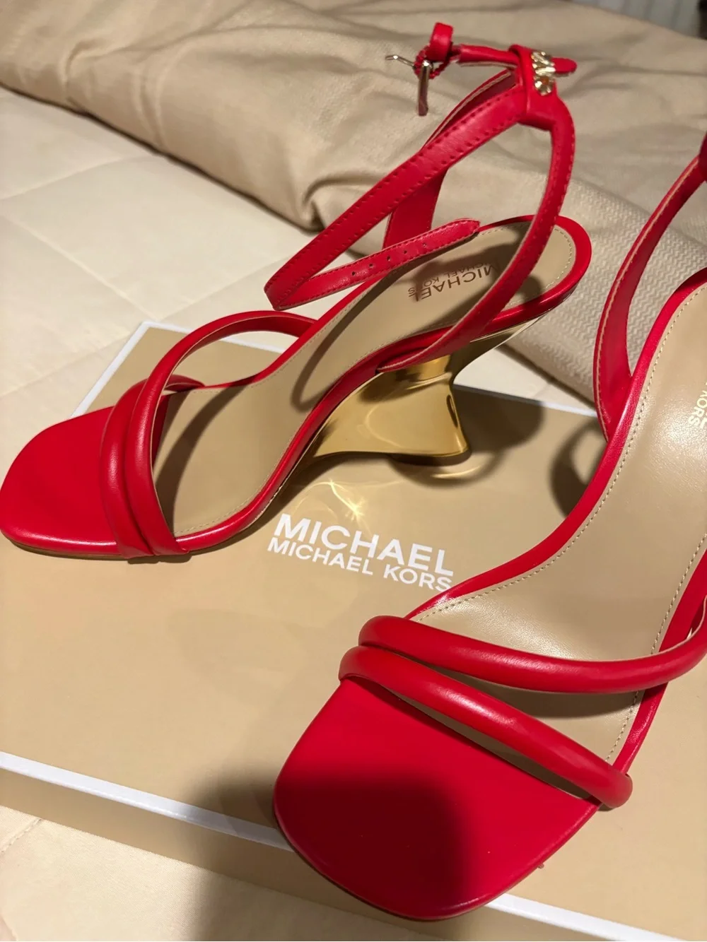 Michael Kors Red Strappy Sandals with Gold Sculpted Heel